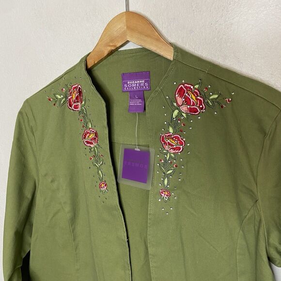 New Suzanne Somers‎ Green Floral Embroidered Rhinestone Jacket Women’s Large - Picture 2 of 12